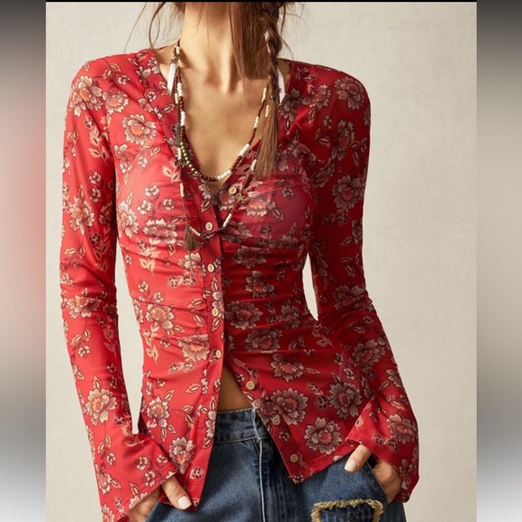 Free People Tops - Free People Red Floral Sheer Mesh Button-Down Ruched Blouse – Inspired Boho Chic